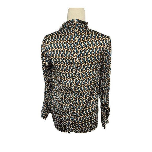 zara womens white blue brown satin zig zag print long sleeve top blouse xs - Picture 2 of 3